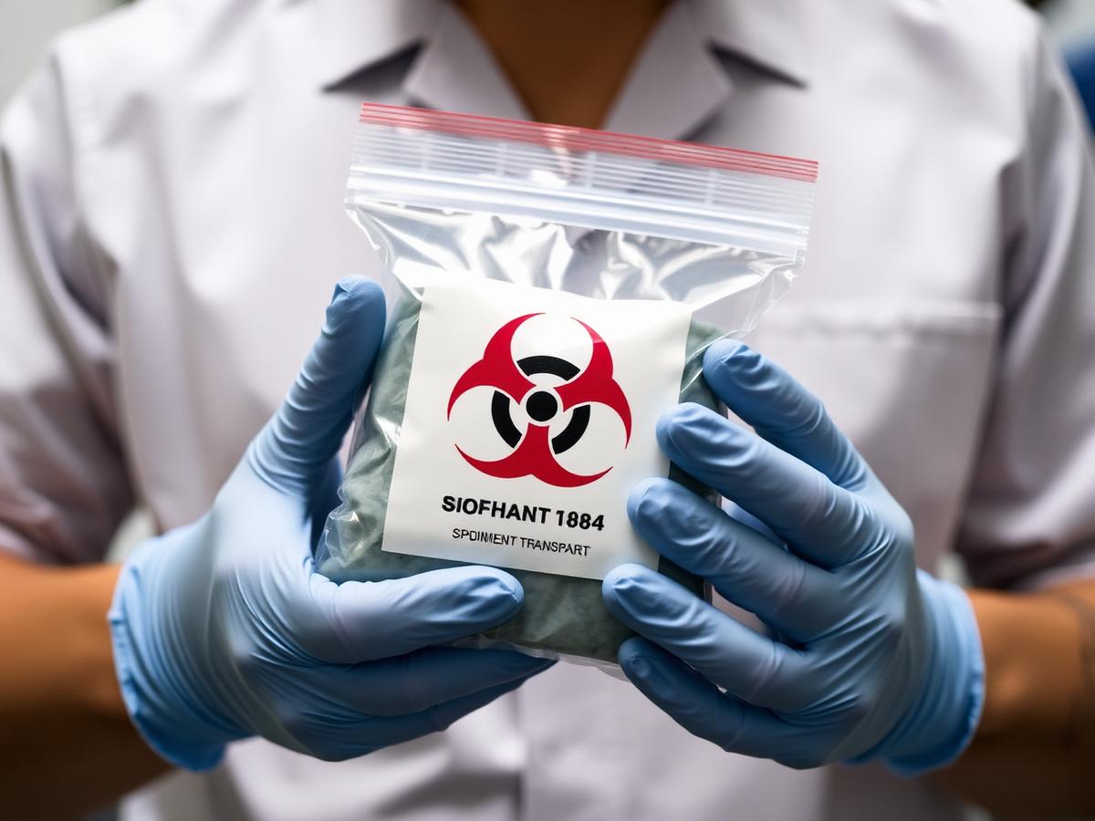 Gloved hands holding a labeled medical specimen transport bag